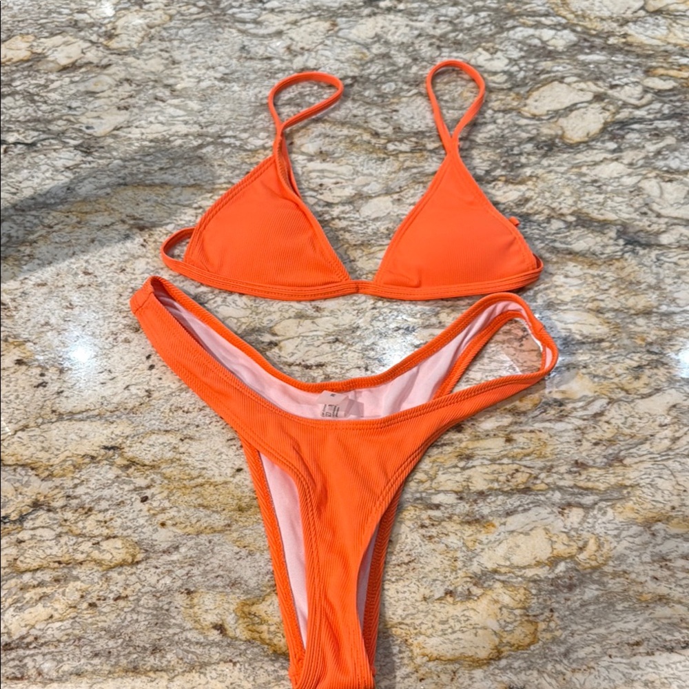 Vibrant Orange High-Cut Ribbed Bikini Swim Set. NWOT